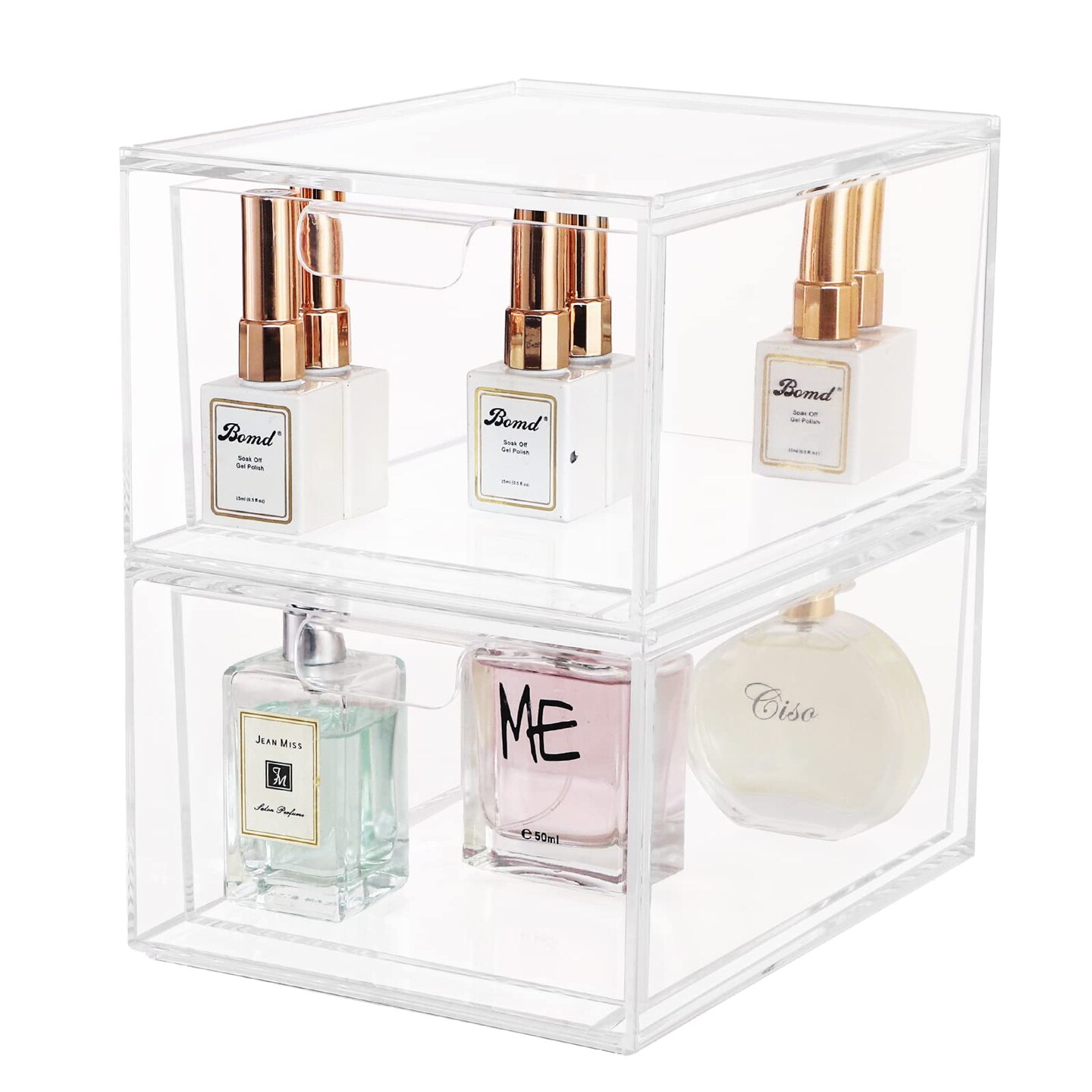 2 Pieces Stackable Makeup Organizer Storage Drawers 4.5&#x27;&#x27; Tall Acrylic Cosmetic Display Case Clear Bathroom Plastic Storage Bins For Vanity,Under Cabinets,Pantry Organization and Storage