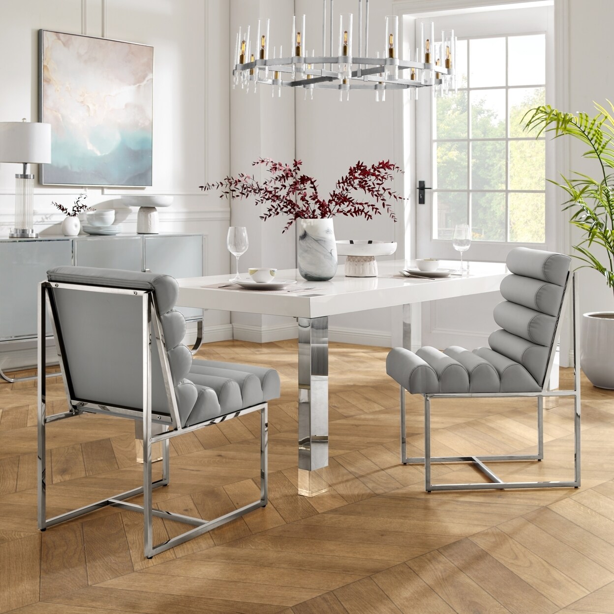 Inspired Home Madelyne Dining Chair - Upholstered Stainless Steel Frame Channel Tufted Armless