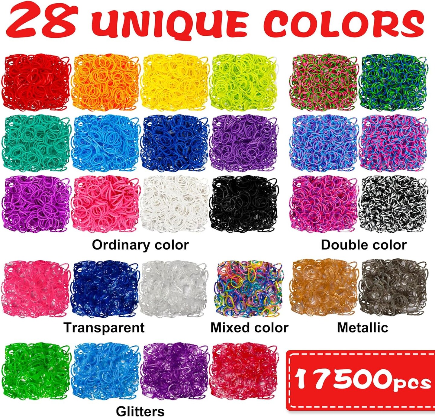 17500+ Rubber Loom Bands with 3 Layer Container, 28 Colors, 600 S-Clips, 352 Beads, 40 Cartoon Pendant, Bracelet Making Refill Kit for Kids