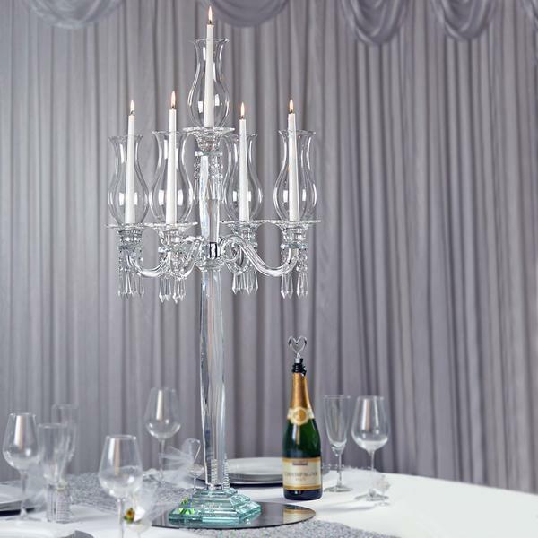 40-Inch Clear 5 Arm Crystal GLASS Candelabra Hurricane Taper CANDLE HOLDER