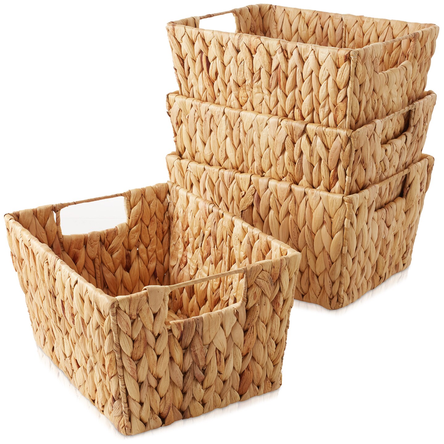 Casafield Set of 4 Water Hyacinth Storage Baskets with Handles, Woven Rectangular Storage Bins for Shelves, Blankets, Laundry Organization