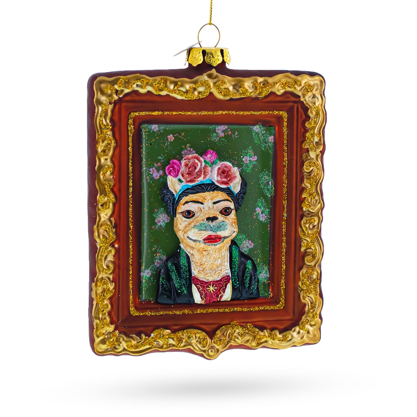 Frida Kahlo Inspired Dog Art Blown Glass Christmas Ornament