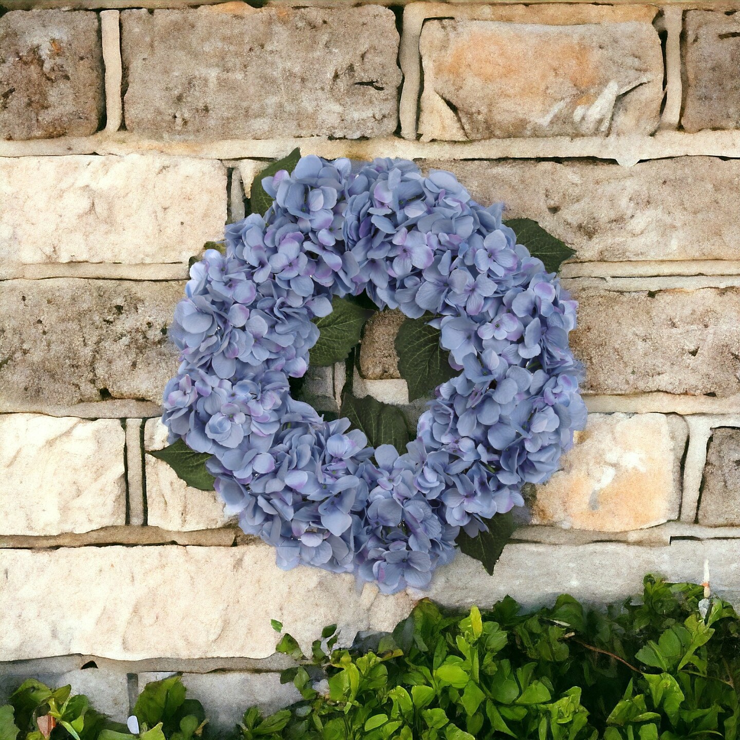 18" Blue Hydrangea Wreath with Lifelike Grapevine Ring by Floral Home®