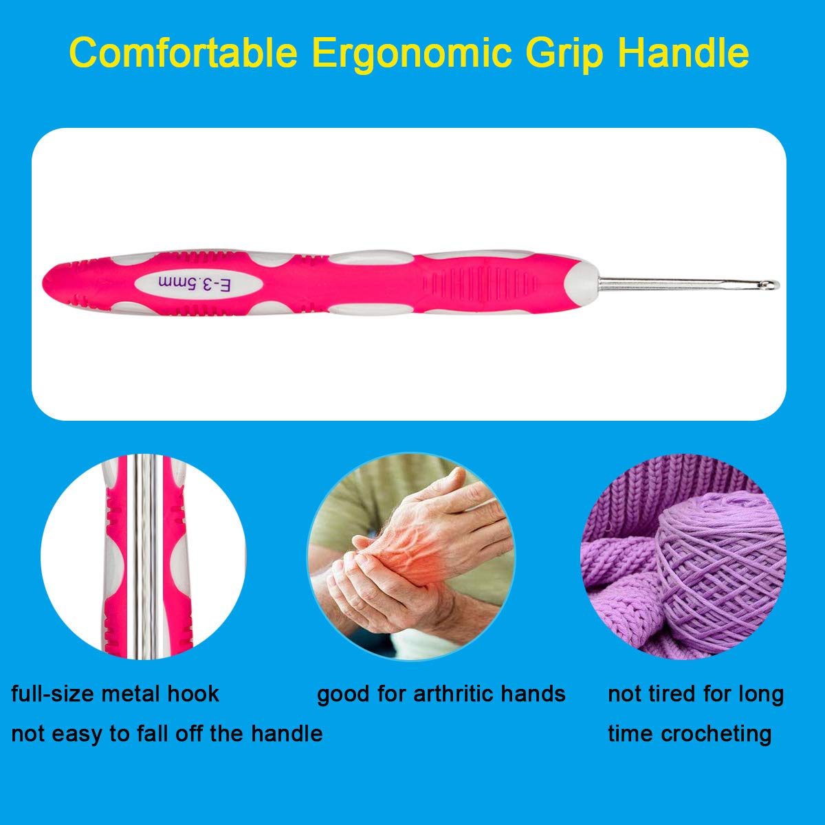 9 Pieces Longer Ergonomic Crochet Hook Set USA Standard Size B to J 2.0mm-6.0mm Smooth Soft Grip Handles Crochet Needles Knitting Needles for Arthritic Hands,Beginners and Experienced Crocheter