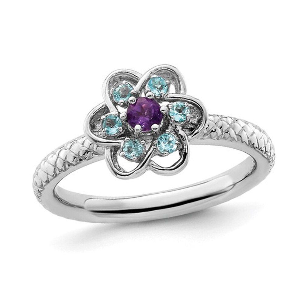 Bague Argent 925 Avec Améthyste Naturelle Et Topaze Blanche - Taille 7 - Pour Femme - Neuf Sans Boîte
