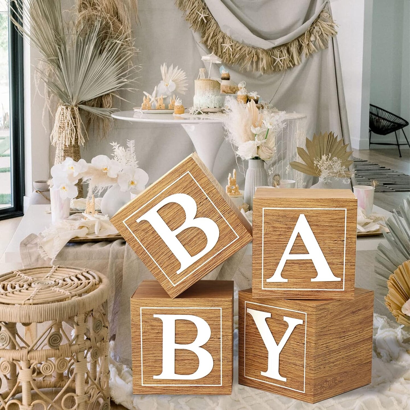Baby Shower Boxes Birthday Party Decorations - 4 Wood Grain Brown Stereoscopic Blocks with BABY Letter,1st Birthday Balloon Boxes,Teddy Bear Boys Girls Baby Shower Supplies, Gender Reveal Backdrop