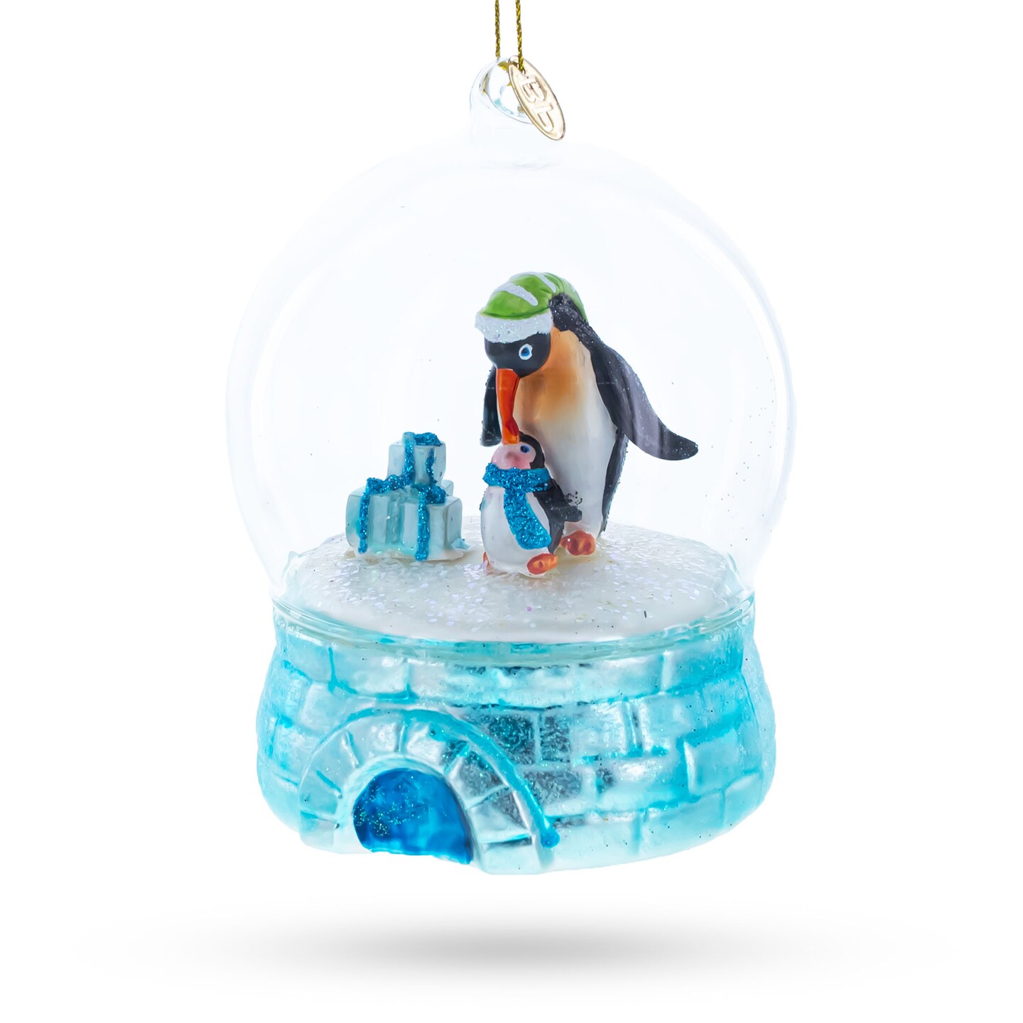 Penguins in the Igloo Dome Blown Glass Christmas Ornament
