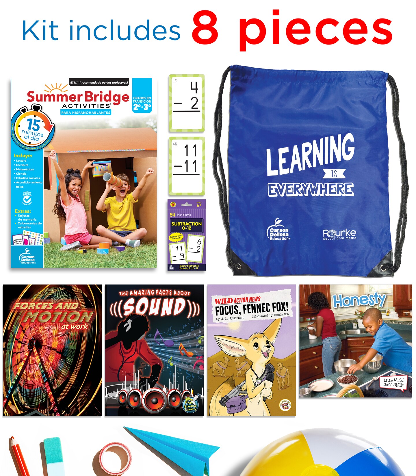 Summer Bridge Activities 2-3 Spanish Summer Learning Resources, Ages 7-8, Spanish Language 2nd Grade to 3rd Grade Workbook All Subjects, Subtraction Flash Cards, 4 Children's Books, Drawstring Bag