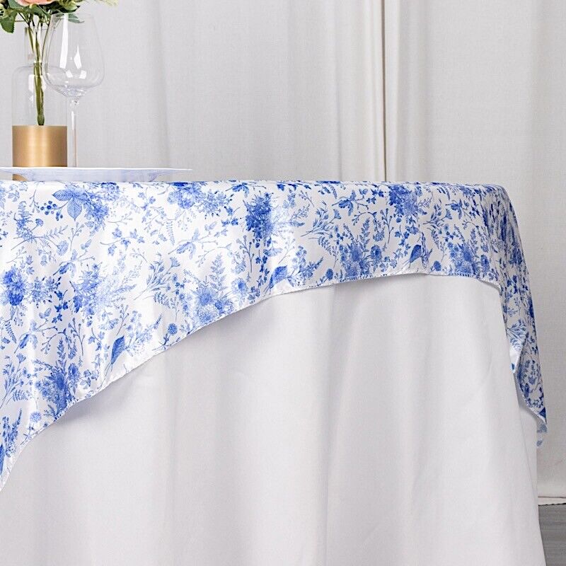 White 72x72 in Satin Square TABLE OVERLAY Blue Floral Design
