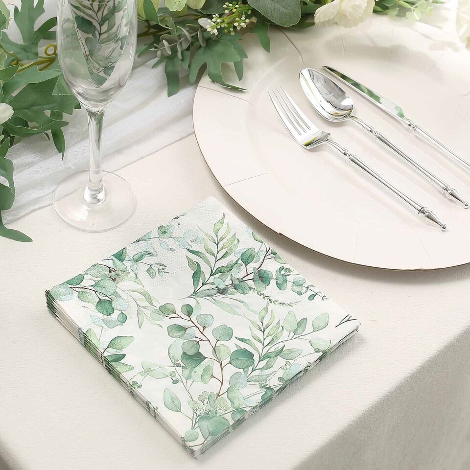 20 White 13x13 in Dinner Paper NAPKINS Green Leaves Design