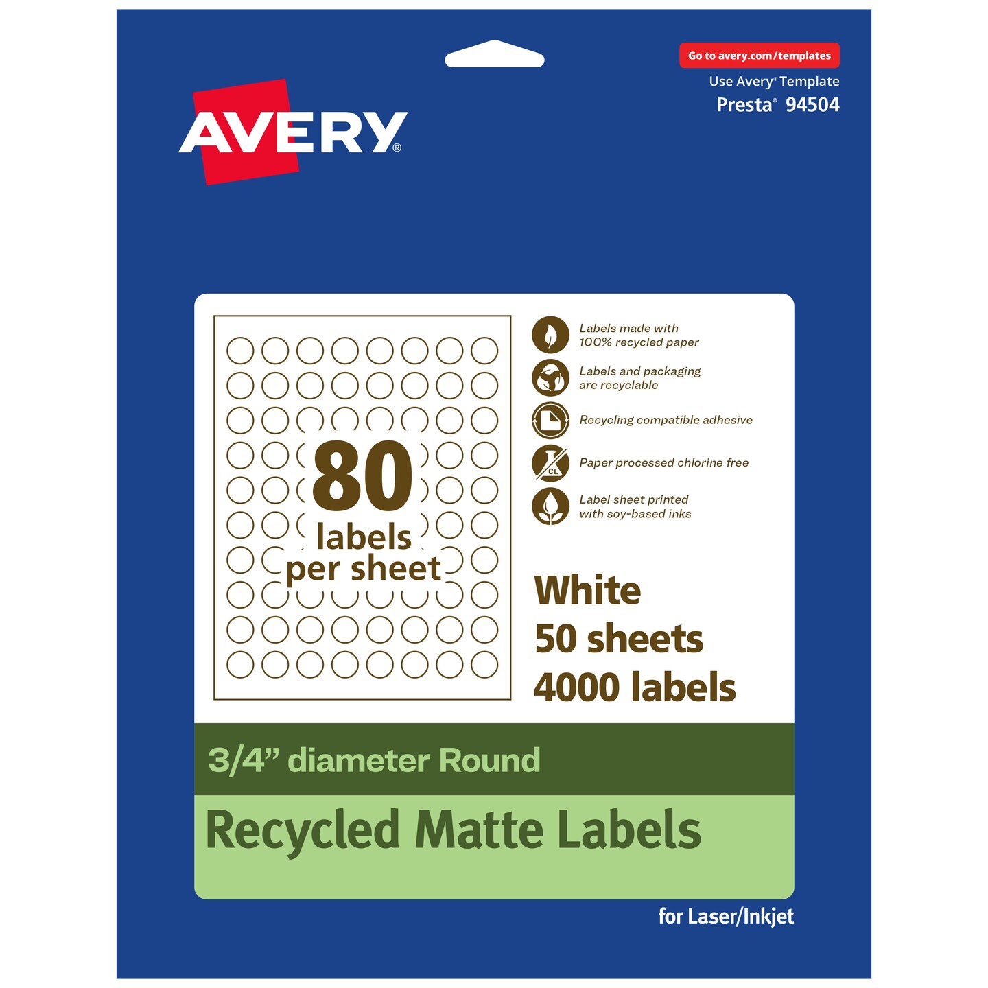 Avery Recycled Matte White Labels,  3/4&#x22; diameter Round
