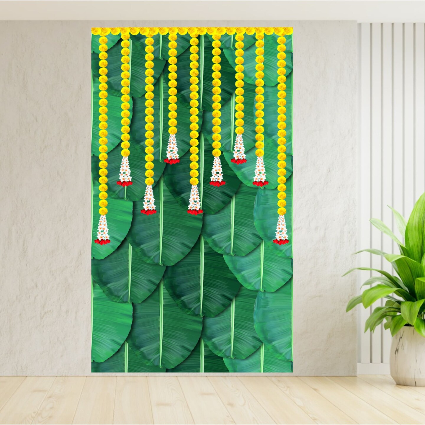 Banana Leaf with Marigold Backdrop Indian Traditional Cloth 5x8 Feet Backdrop Pooja Backdrop Indian Wall Art Photo Decor Banner Diwali Decor Wedding Backdrop Decorative Cloth