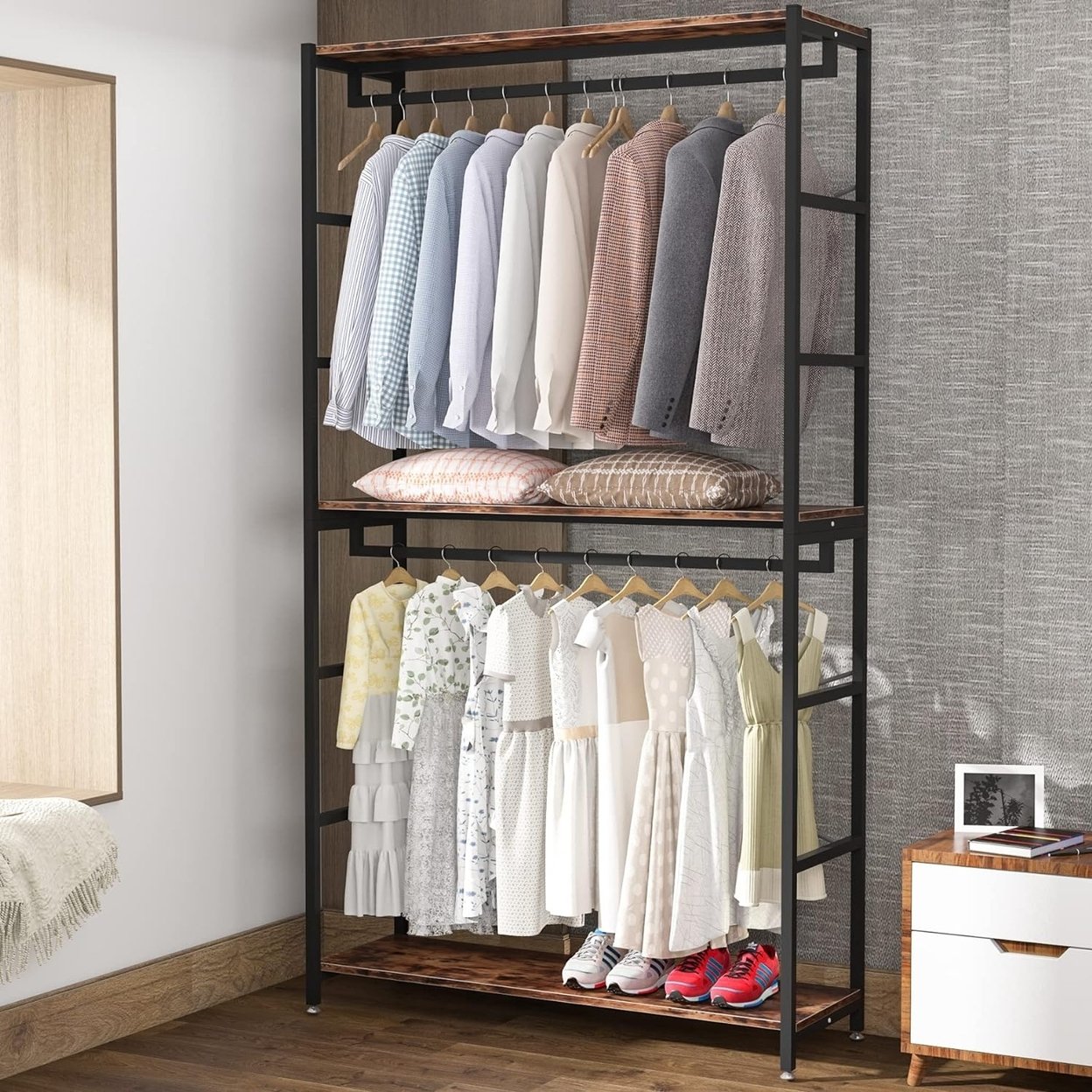 Tribesigns 86&#x22; Double Rod Closet Organizer Freestanding 3 Tiers Shelves Clothes Garment Racks Large Heavy Duty Clothing Storage
