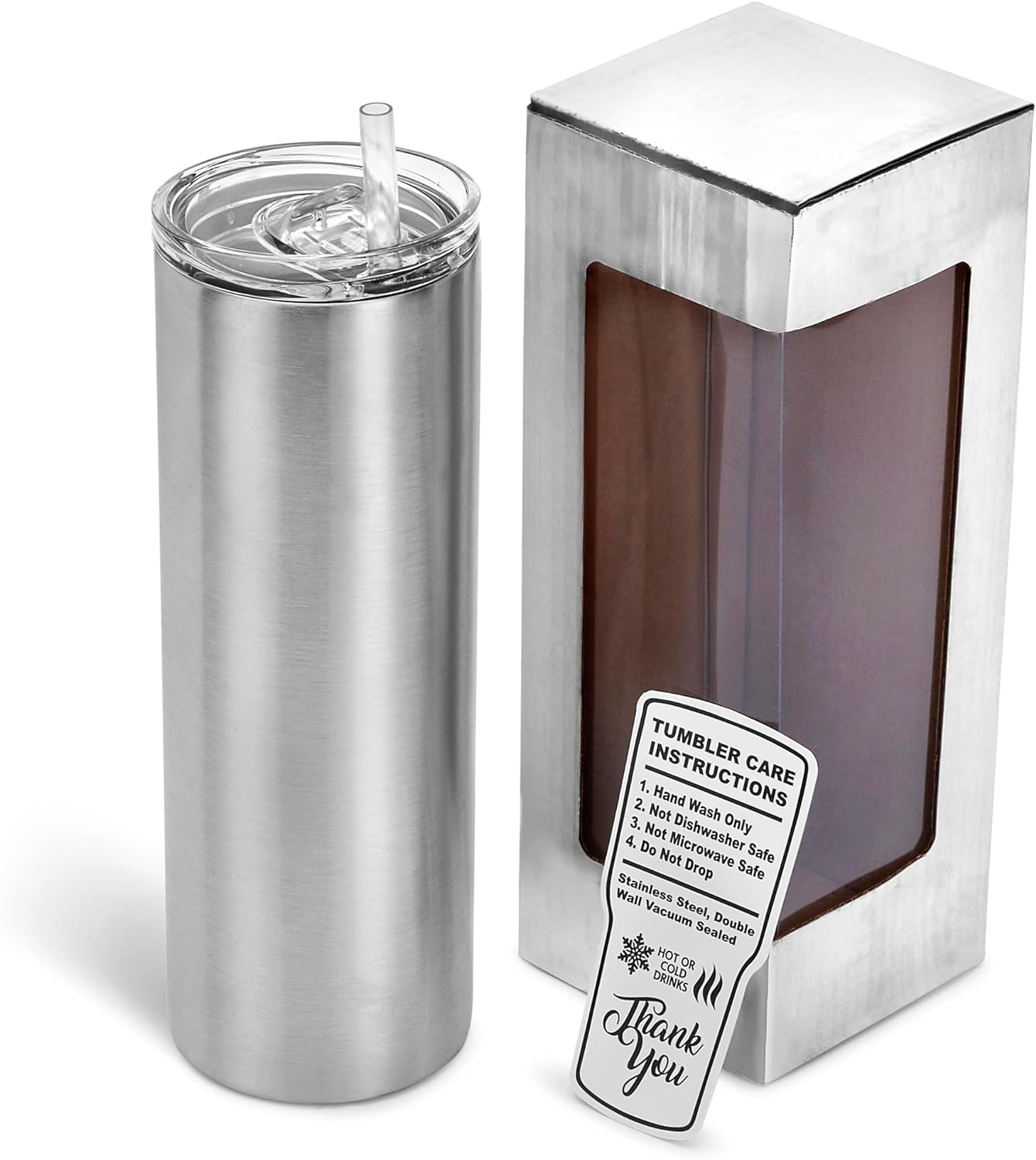 Makerflo 20 oz Skinny Stainless Steel Silver Tumbler with Lid &#x26; Straw | Craft-Ready for DIY Gifts &#x26; Personalization (Epoxy, UV DTF, Vinyl, and Laser Engraving) - Not for Sublimation