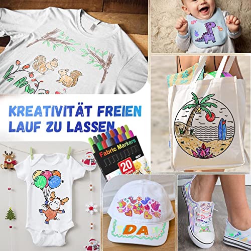 20 Colors Fabric Markers Permanent for Clothes Sneaker Shoes T Shirt Baby Onesies Bibs Bodysuit Pillow Canvas Tote Bags Graffiti Kids Adults Fabric Decorating, Fine Point Pen Fabric Paint Pens Set