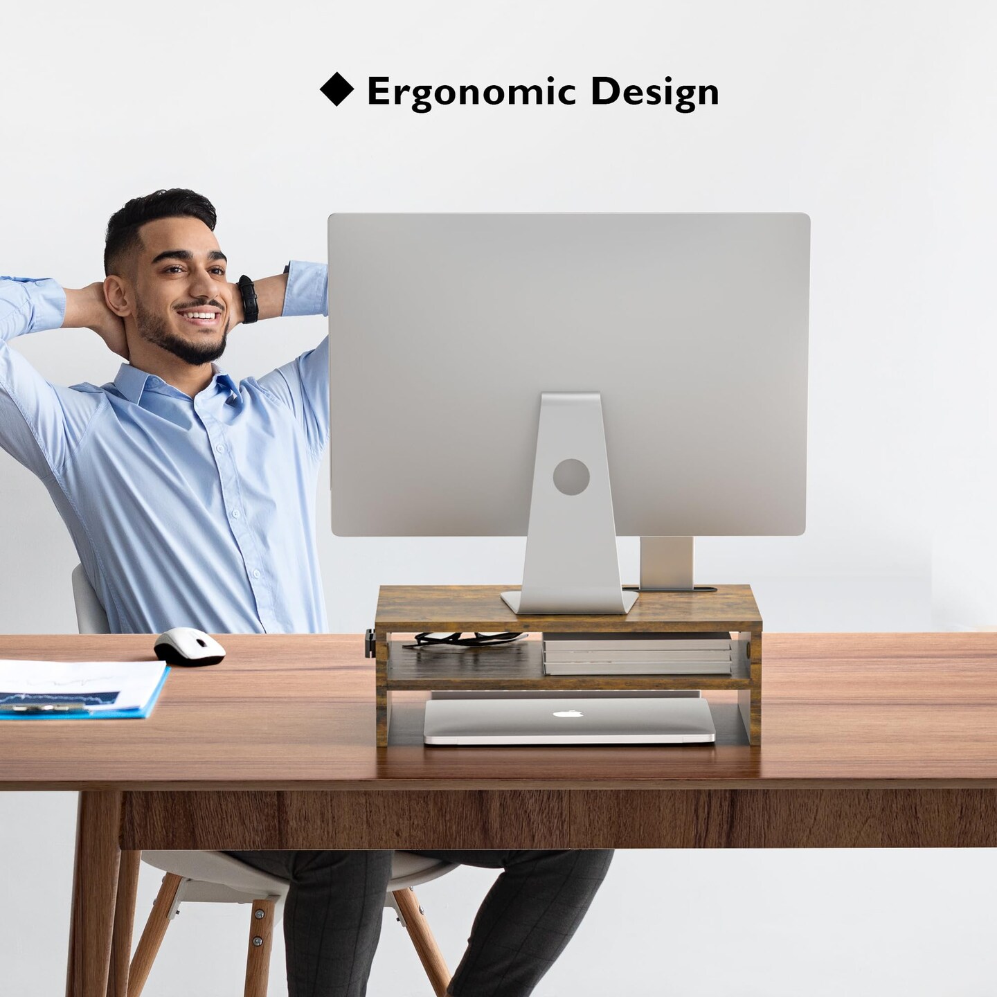 Monitor Stand Riser, 2 Tiers Wood Monitor Riser Stand with Storage Organizer, Desktop Ergonomic Monitor Stand Riser with Cellphone Holder and Cable Management, 16.5 Inch Shelf, Vintage Brown
