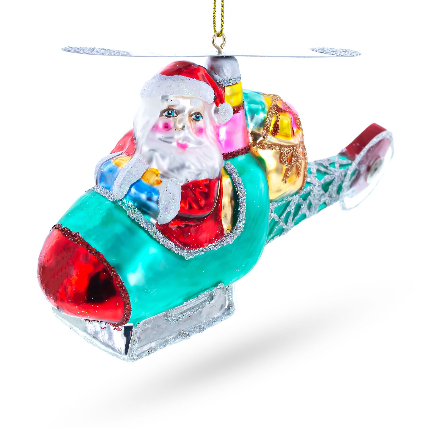 Santa Claus Pilot in Helicopter Glass Christmas Ornament
