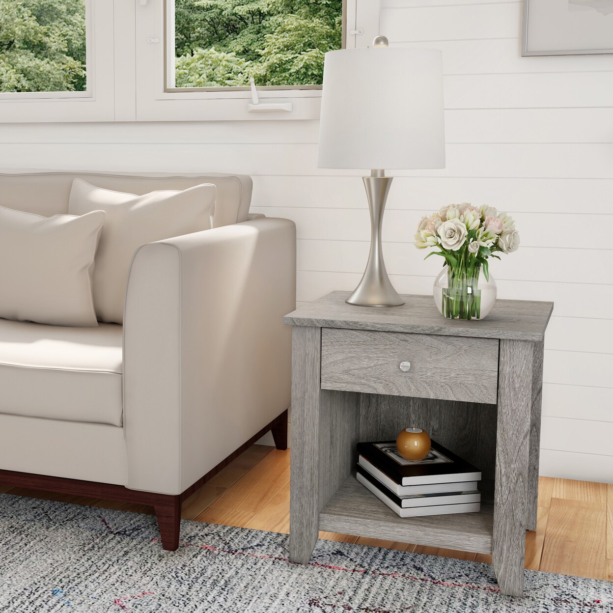 Gray Wood End Table With Drawer Storage Shelf 20X17 Nightstand Living Room