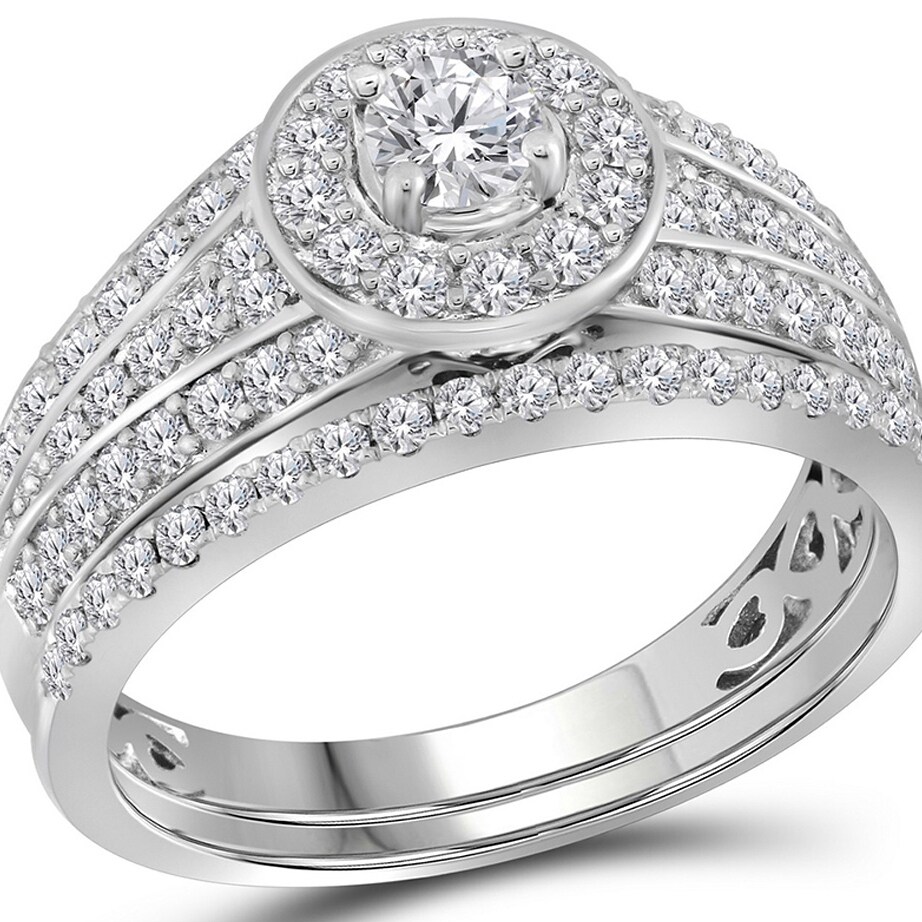 Gem And Harmony 1.00 Carat (ctw H-I I1-I2) Diamond Engagement Halo Ring Wedding Set in 14K White Gold