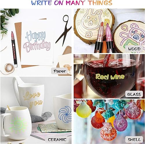 12 Pieces Metallic Double Line Outline Markers Glitter Pen Set for Rock Painting, Glass, Mug, Wood, Fabric, Canvas, DIY Craft with Fine Medium Tip