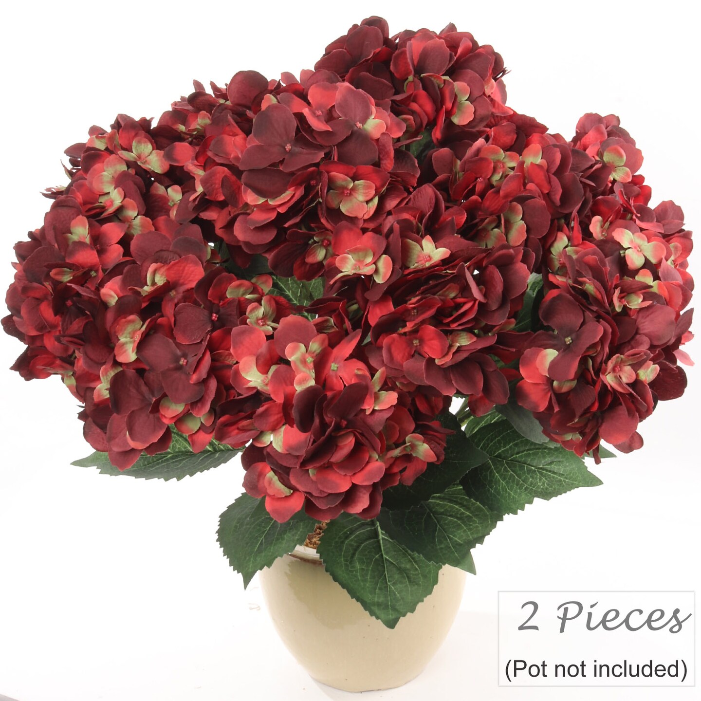 2-Pack: Burgundy Hydrangea Bush with 7 Silk Flowers, Floral Home by Artificial Flowers