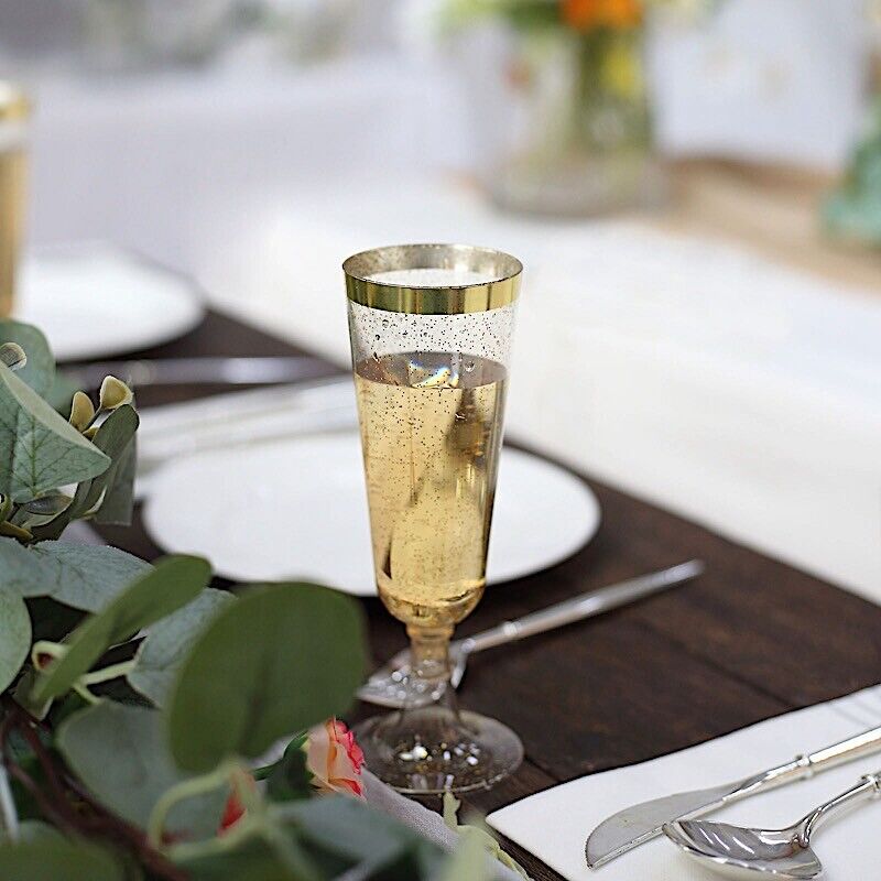 12 Clear 6 oz Glittered Plastic Champagne Glasses with Gold Trim for Events