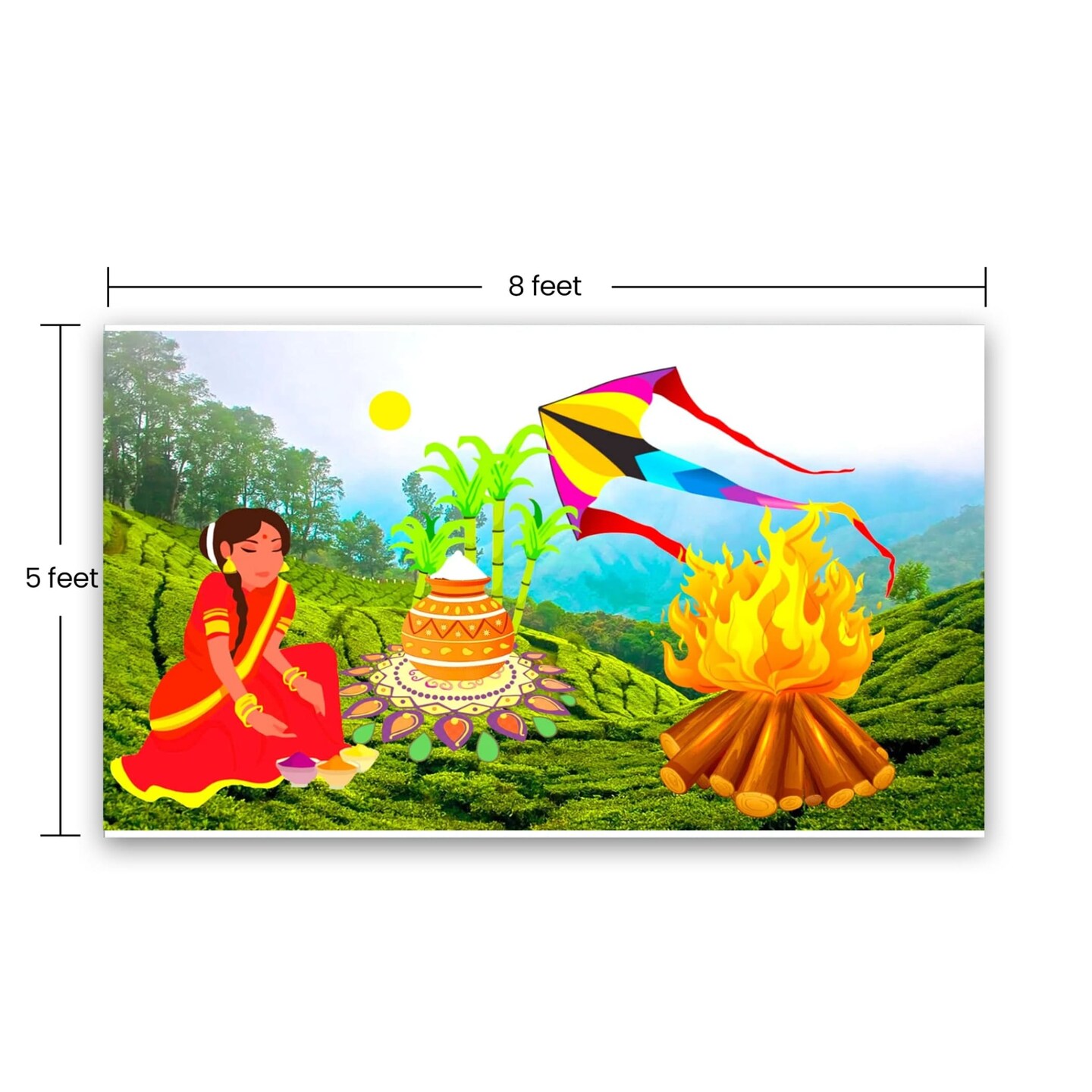 Happy Lohri Backdrop Banner - Indian Traditional Cloth 5x8 Feet Backdrop Pongal Backdrop Makar Sankranti Decor Wall Art Photo Decor Banner Indian Harvesting Festival Bonfire Photography