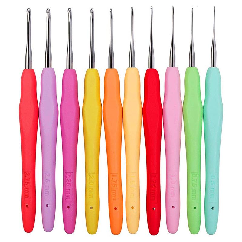 10 Pieces Knitting Needles Crochet Hook - Multicolor Ergonomic Crochet Hooks Set - Rubber Handled Aluminum Crochet Hooks - Small Crochet Hooks Knitting Kit for Beginners Crochet Kit for Crocheting Yarn