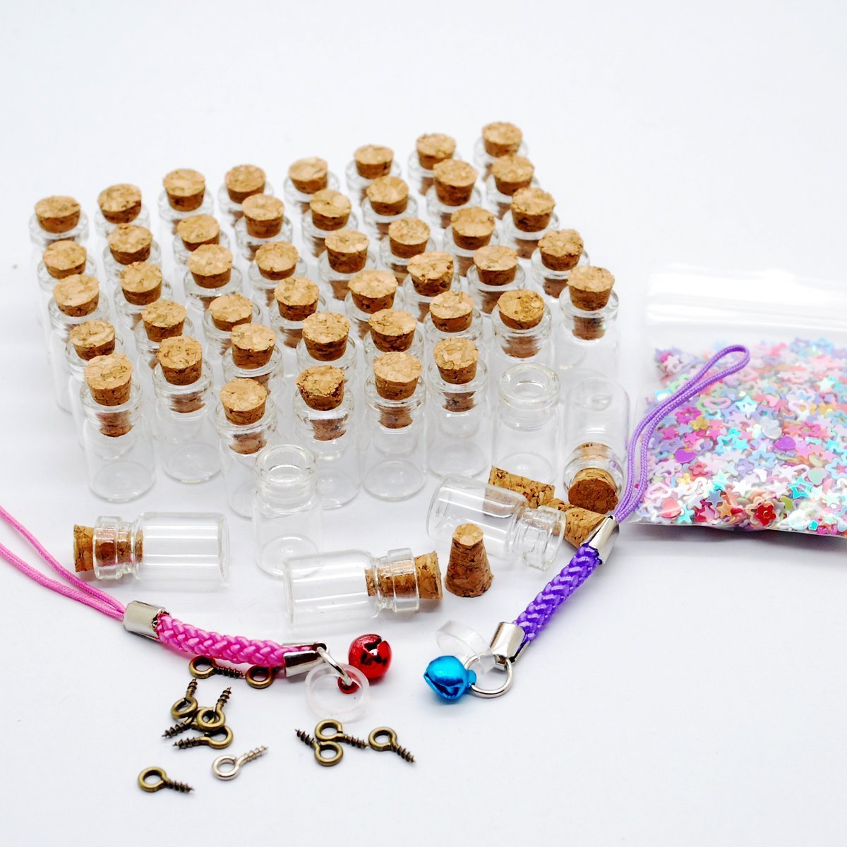 50 Pieces 0.5ml-extra Mini Tiny Clear Glass Jars Bottles with 50pcs Cork Stoppers and 50pcs Eye Screws, Glass Bottles for Decoration, Arts & Crafts, Projects, Party Favors