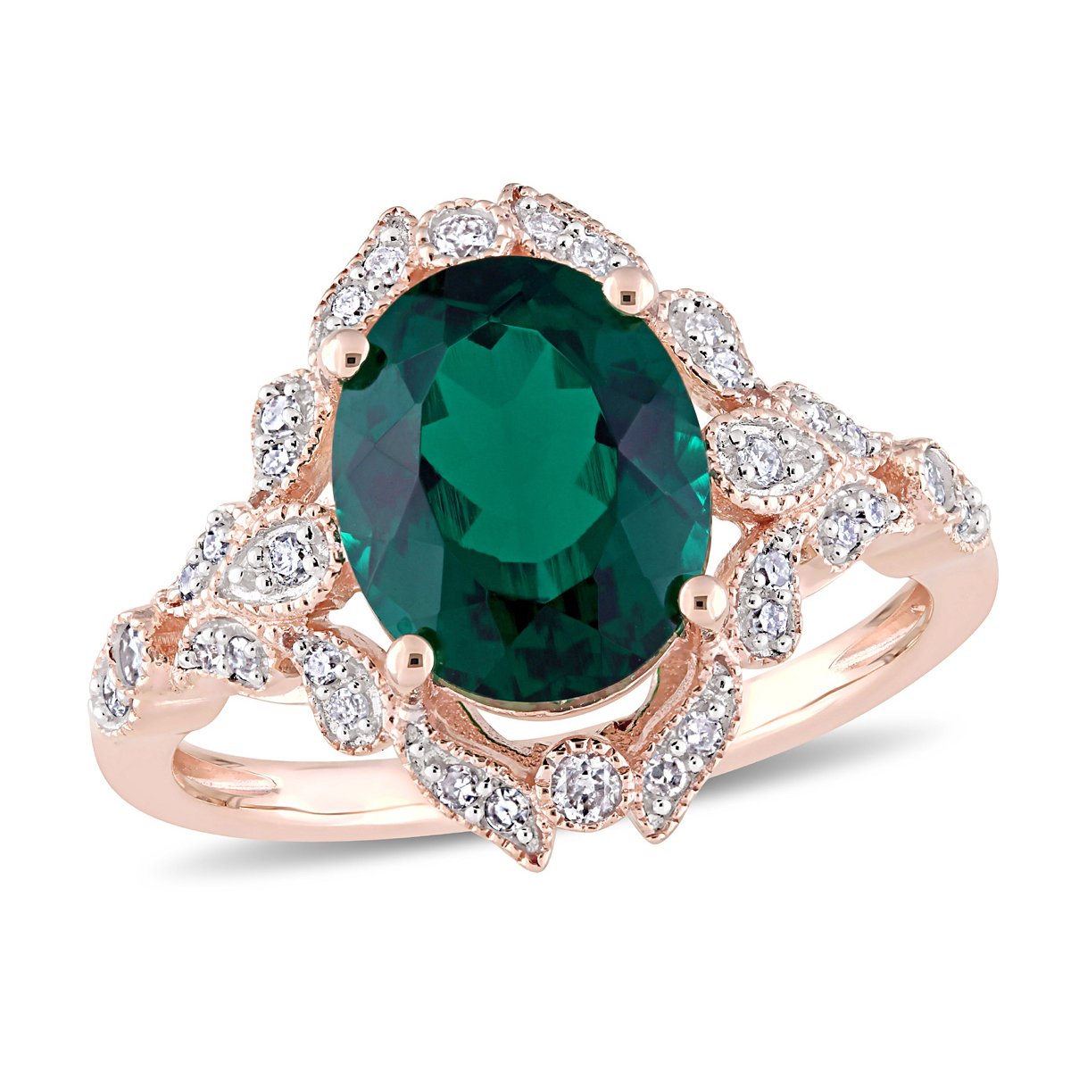 Gem And Harmony 3.30 Carat (ctw) Lab-Created Oval Emerald Ring in 10K Rose Gold with Diamonds