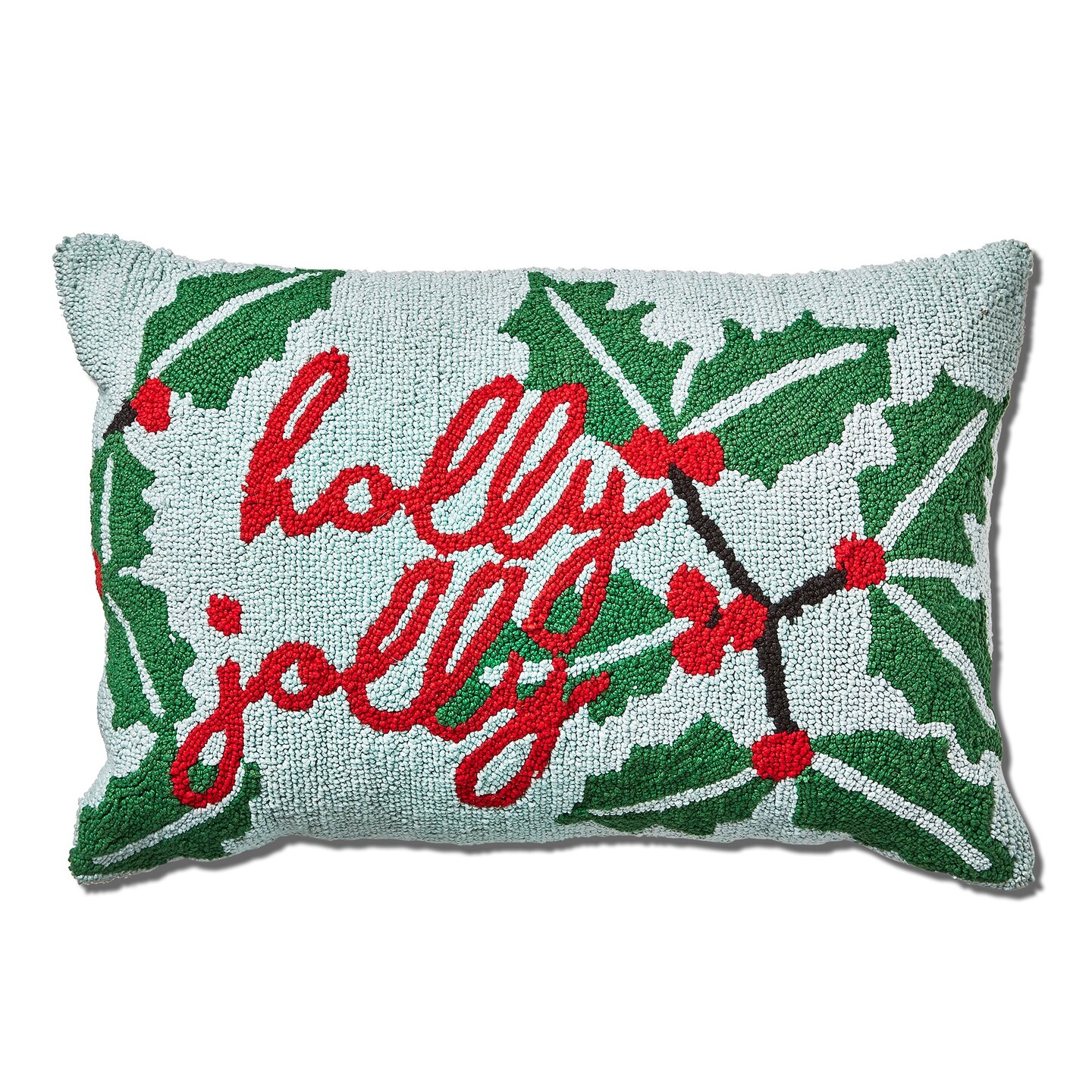 24&#x22;x24&#x22; Christmas Green Holly Berry Lumbar Needle Tufted Cotton Accent Decorative Throw Pillow Poly Filled Removable Insert Rectangle