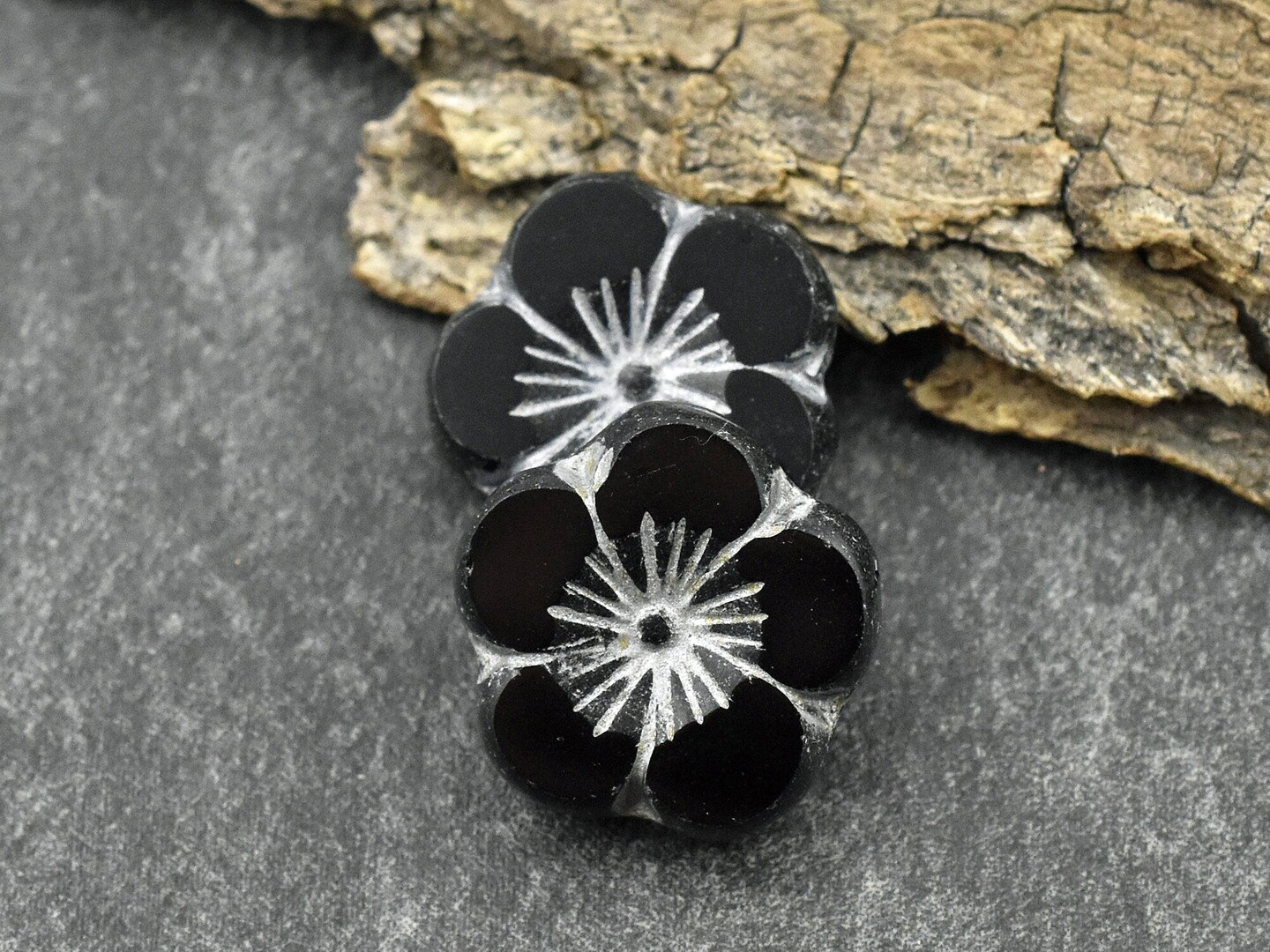 *2* 21mm Silver Washed Jet Black Hibiscus Flower Beads