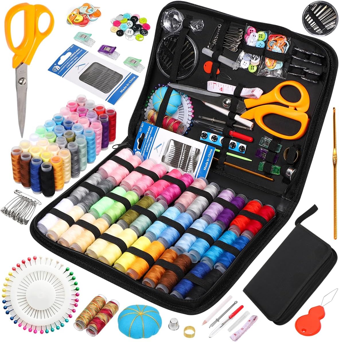 Sewing Kit with Case, Sewing Supplies for Home Travel and Emergency, Kids Machine, Contains Spools of Thread, Mending and Sewing Needles, Scissors, Thimble, Tape Measure
