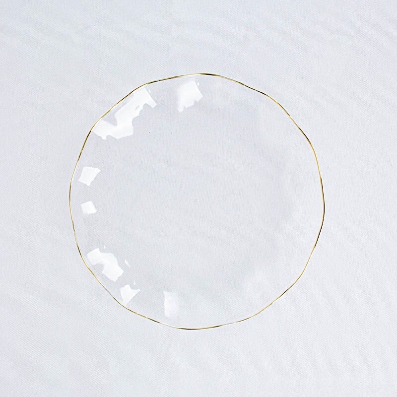 9&#x22; Round Disposable Salad Dinner Plastic Plates Gold Wavy Trim