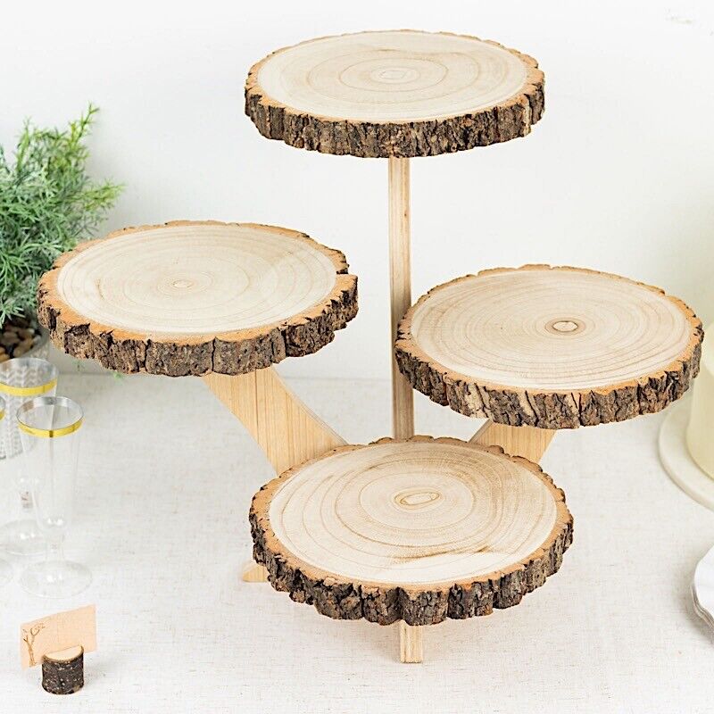 15 in Brown 4 Tier Round Natural Wood Cupcake Dessert Stand