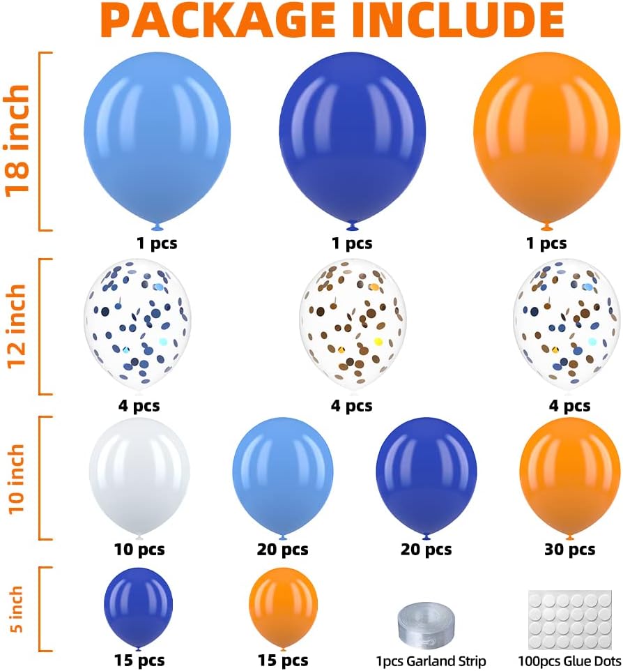 127pcs Blue and Orange Balloons Garland Kit Balloon Arch Coffetti Balloons 18/12/10/5 Inch Balloons for Boys Girls Birthday Party Decoration Supplies Baby Shower