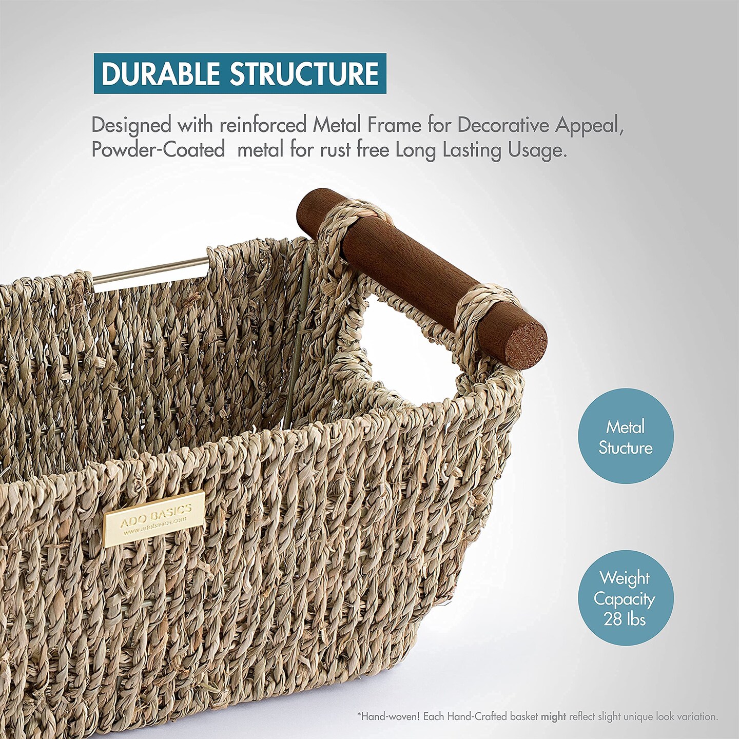 Seagrass Hand Woven Basket with Stain Resistant Polished Wooden Handles Toilet paper Storage Wicker Baskets 12 inches Length 6.29 inches Width 4.25