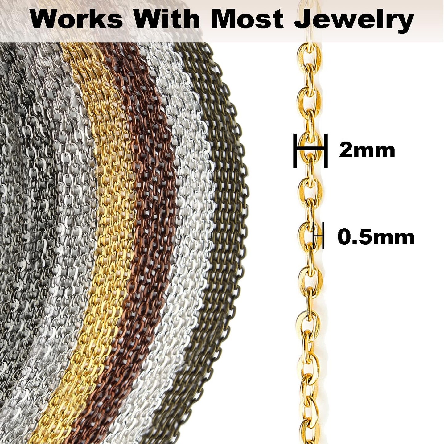 Chains Jewelry Making Supplies, 60ft Cable Link Chains for Making Jewelry Necklace Earring Bracelet Findings DIY Craft Kit for Adults, 6-Color 2mm Gold Silver Copper Plated Metal Link Rolls Bulk