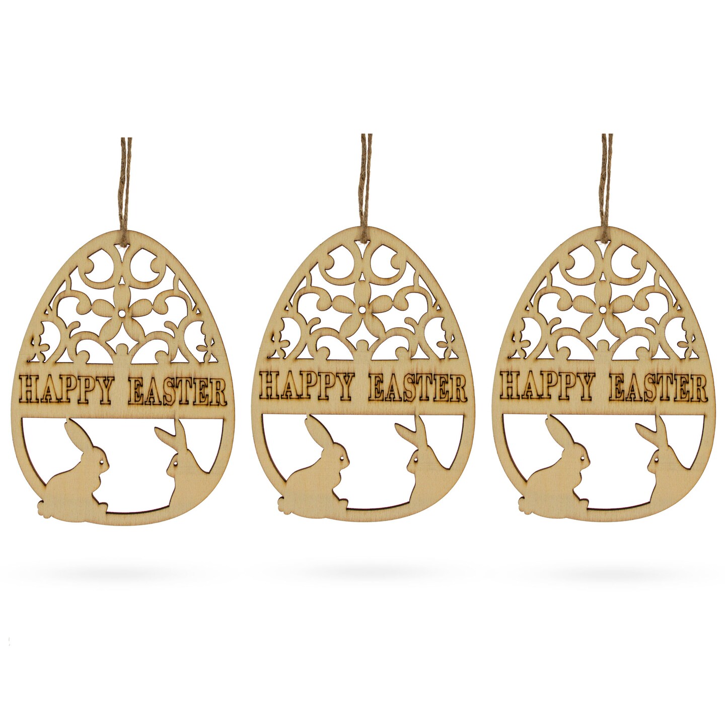 Set of 3 Happy Easter Egg Unfinished Wooden Ornament 4.3 Inches