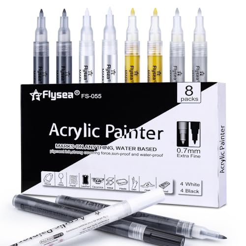 8 Pieces 0.7mm Acrylic Paint Pens Black &#x26; White &#x26; Gold &#x26; Silver, Paint Marker Extra Fine for Rock Painting, Stone, Ceramic, Glass, Wood, Blackboard, Fabric, Metal, Paper, Drawing, DIY Art