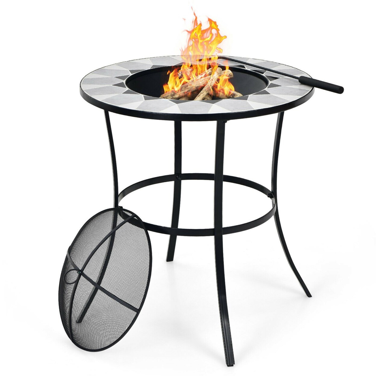 23.5 Round Fire Pit Table Wood Burning Heater W/ Mesh Cover And Fire Poker