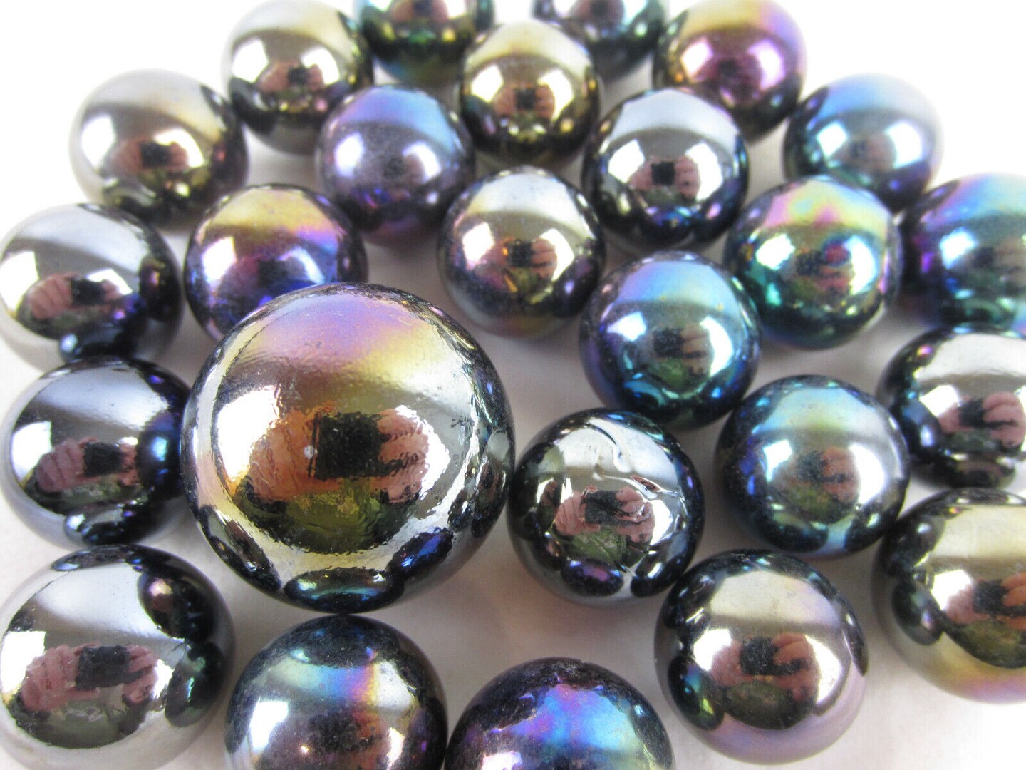 25 Glass Marbles METEOR Metallic Iridescent Silver/Gold/Purple game pack Shooter