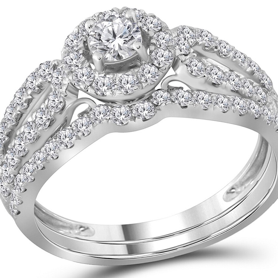 Gem And Harmony 1.00 Carat (Color G-H I1-I2) Diamond Engagement Ring Wedding Set Split Shank Halo in 14K White Gold