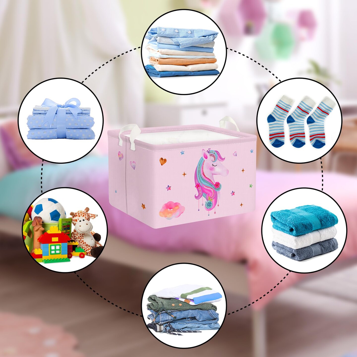 Adorable Pink Unicorn Basket for Girls Rectangle Cloud Star Heart Shelf Basket Clothes Books Toy Storage Cube, 21L