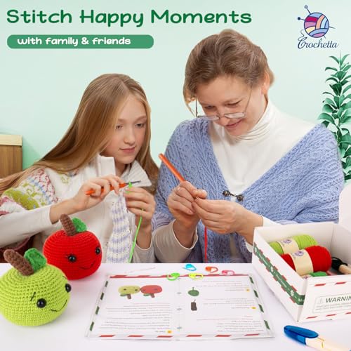 Crochet Kit for Beginners, Beginner Crochet Starter Kit with Step-by-Step Video Tutorials, Learn to Crochet Kits for Adults Kids, DIY Knitting Supplies, Apple Couple (40%+ Yarn)