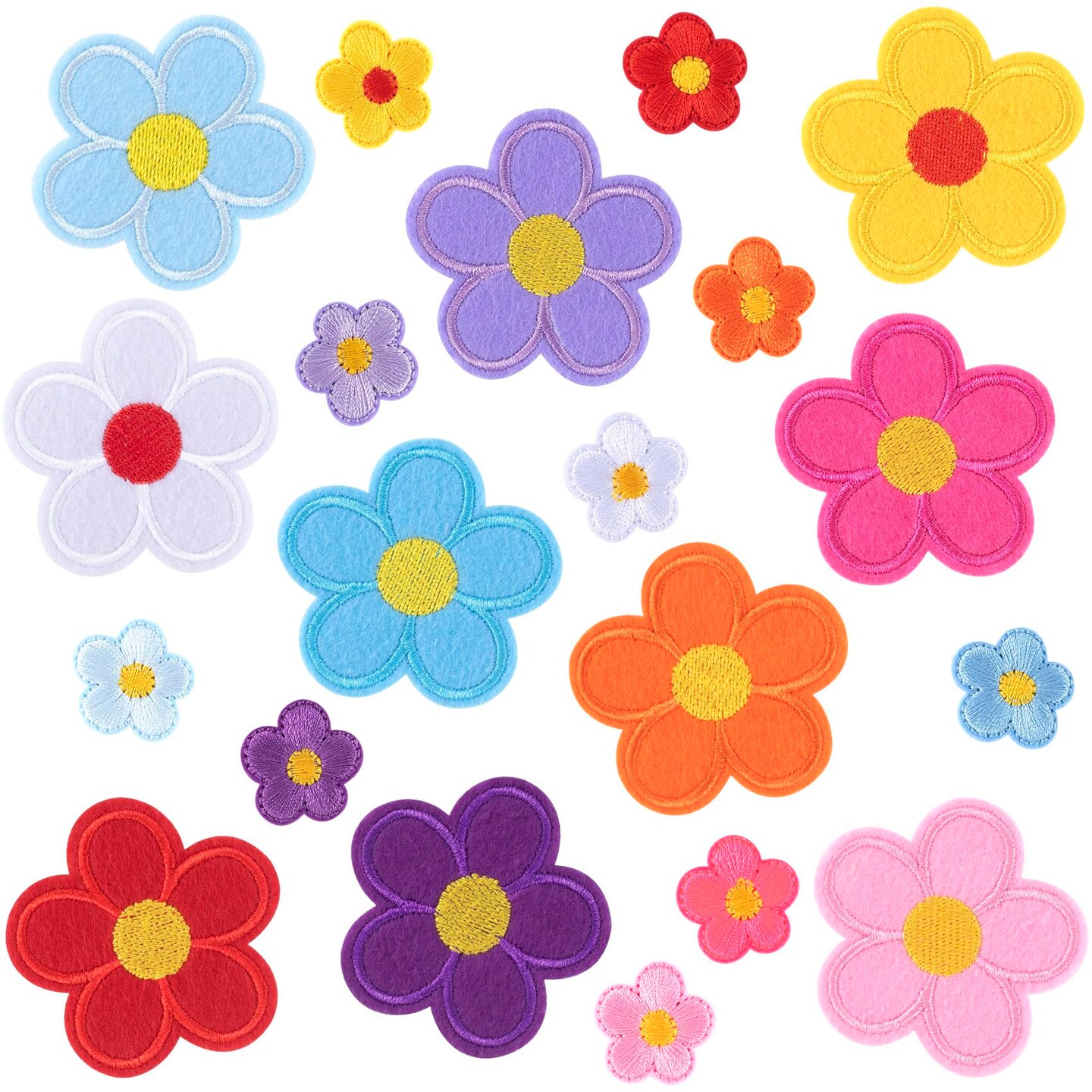 PAGOW 20 Pcs Cute Flower Iron on Patches, 5 Petals Flower Applique Patch, Small Sew On Embroidered Applique Sewing Patches for Backpacks, Bags, Jackets, Jeans, Clothes (2 Sizes, 20 Colors)
