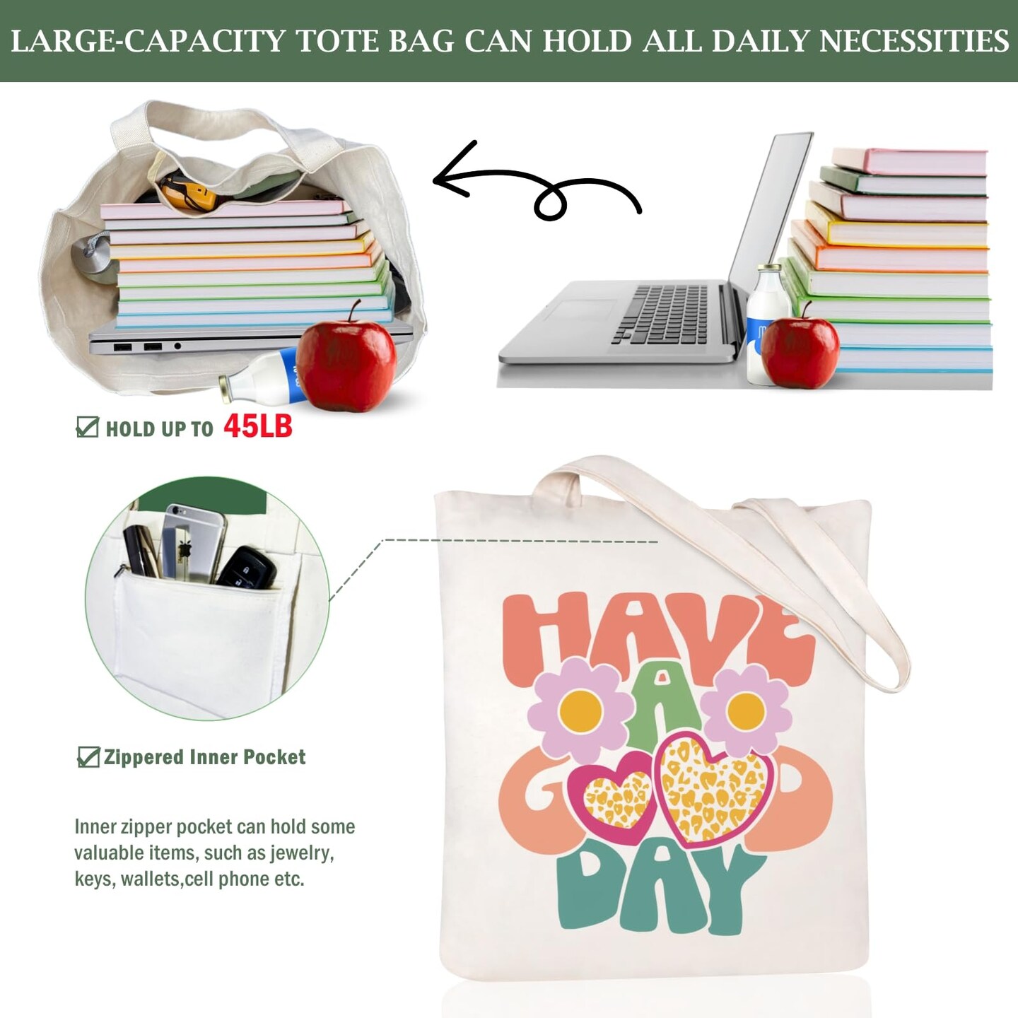 Canvas Tote Bag for Women with Zipper Pocket Aesthetic Cloth Cotton Totes Reusable Grocery Bags Shoulder Book Bags Gifts