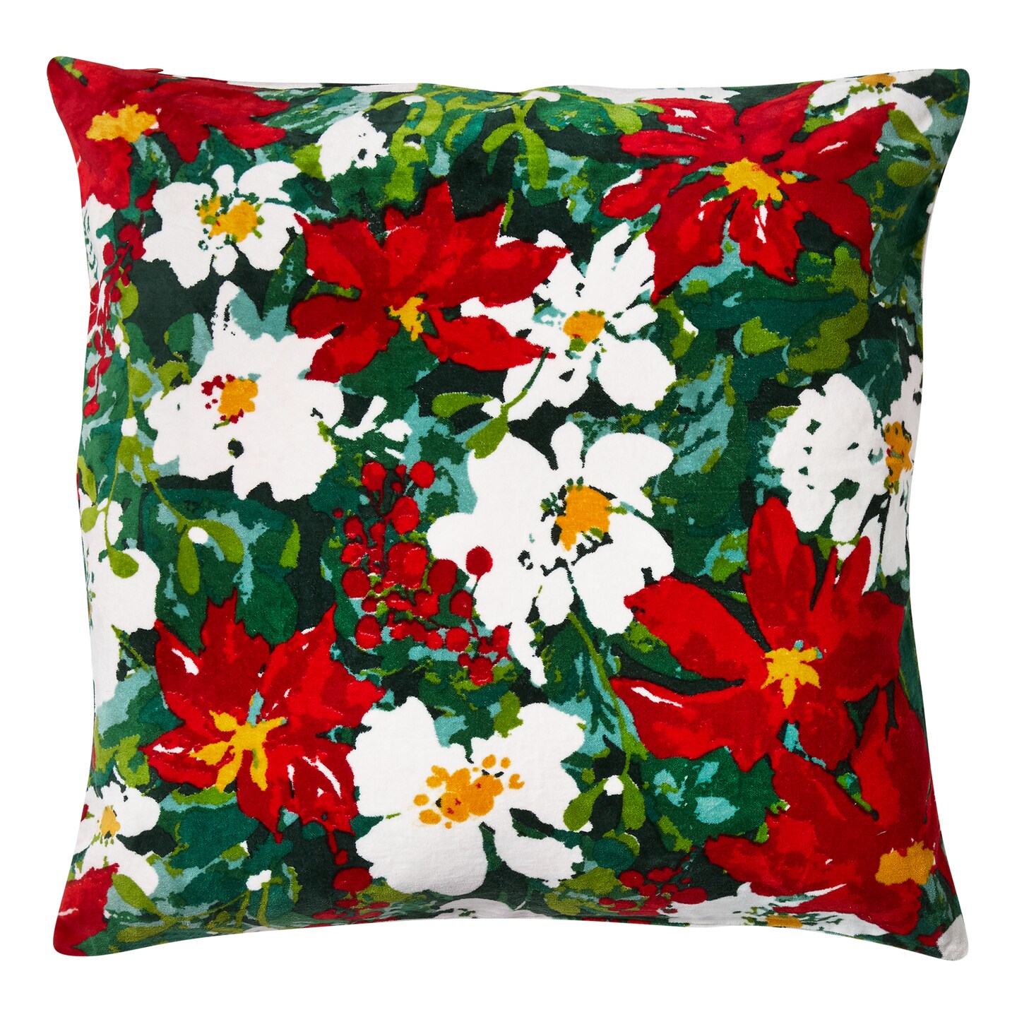 20&#x22;x20&#x22; Christmas Red Poinsettia Cotton Accent Decorative Throw Pillow Poly Filled Removable Insert Square Machine Washable