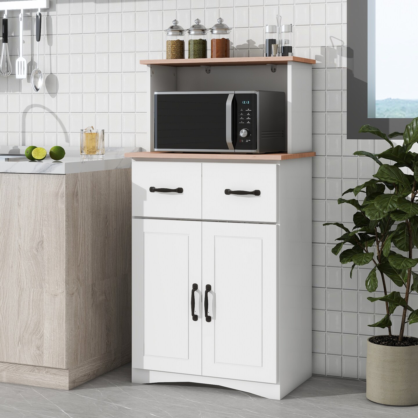 White Wooden Kitchen Cabinet with Microwave Stand | Upgrade Kitchen Storage