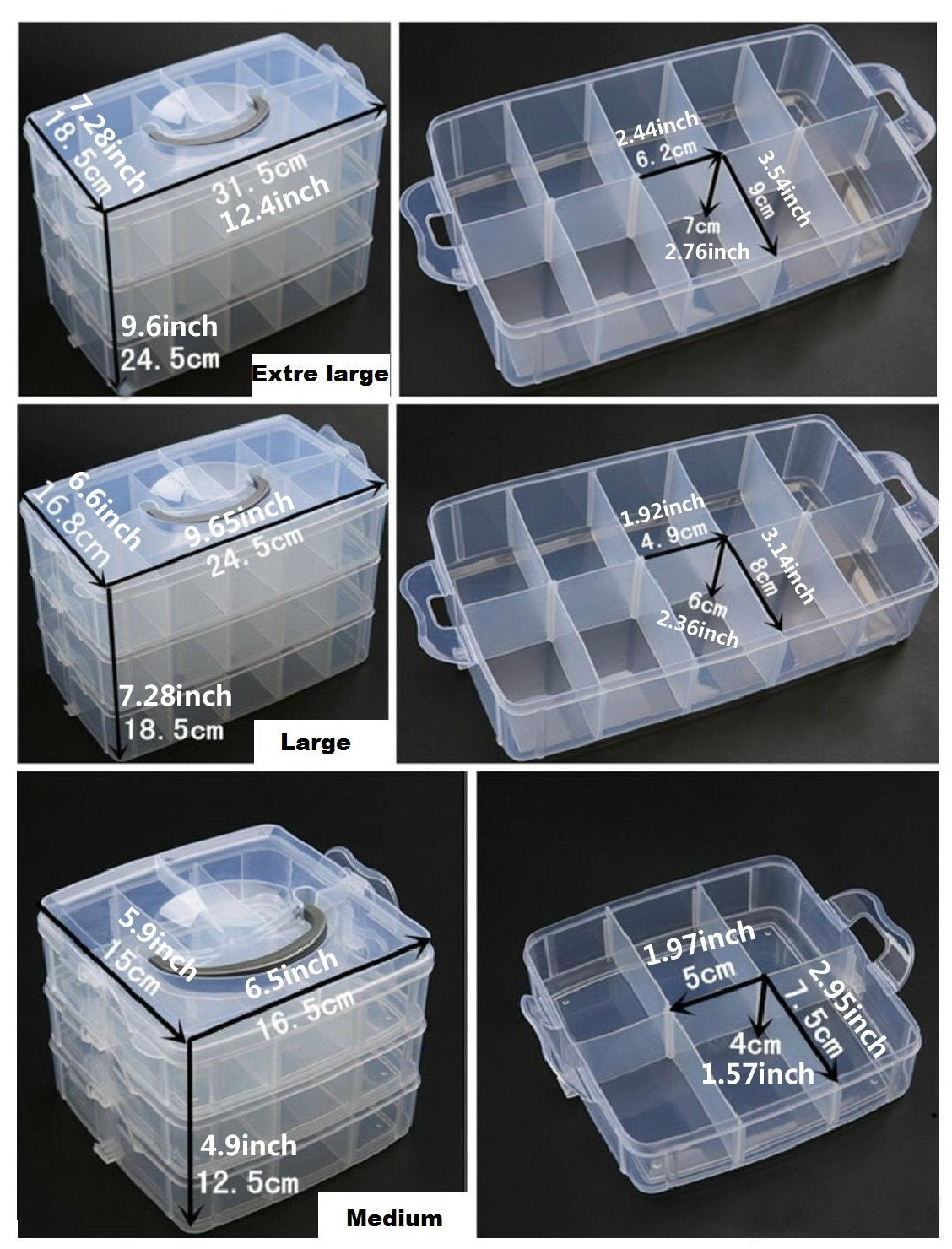3 Tier Transparent Stackable Adjustable Compartment Slot Plastic Craft ...